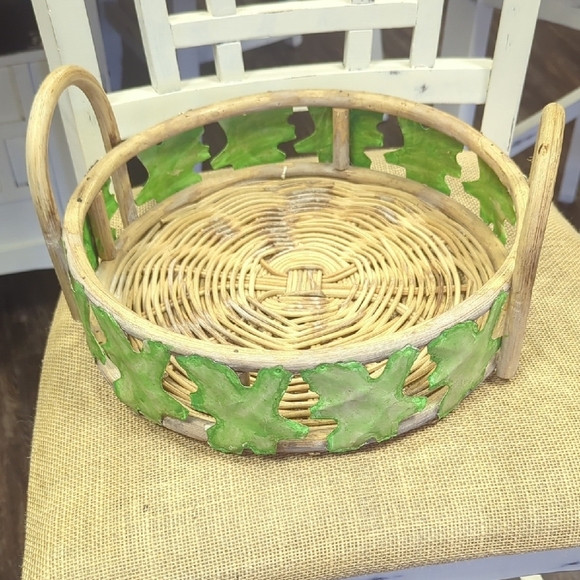 Vintage Wicker Baskets with Metal Green Leaf Accents, Handcrafted In Philippines - Picture 5 of 11